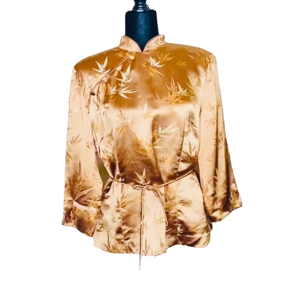 Jessica Howard Vintage 90s Robe Kimono Satin Top Jacket Faux Wrap Gold Sz Large - Picture 3 of 13